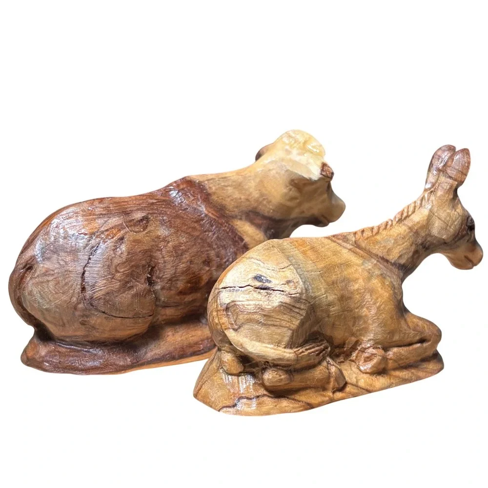 Antique Hand Carved Olive Wood Nativity Set 12 Piece Jerusalem Signed‎ by Artist